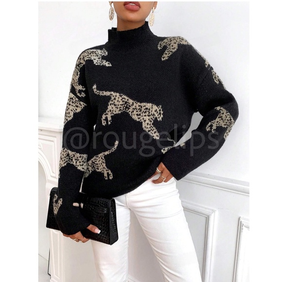 Black High Neck Knit Pullover Sweater Leopard Cheetah Print - Picture 4 of 7
